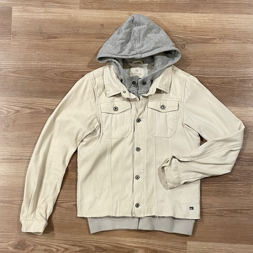 Scotch & Soda Men's Distressed Ecru Denim Jacket with build in Hoodie
